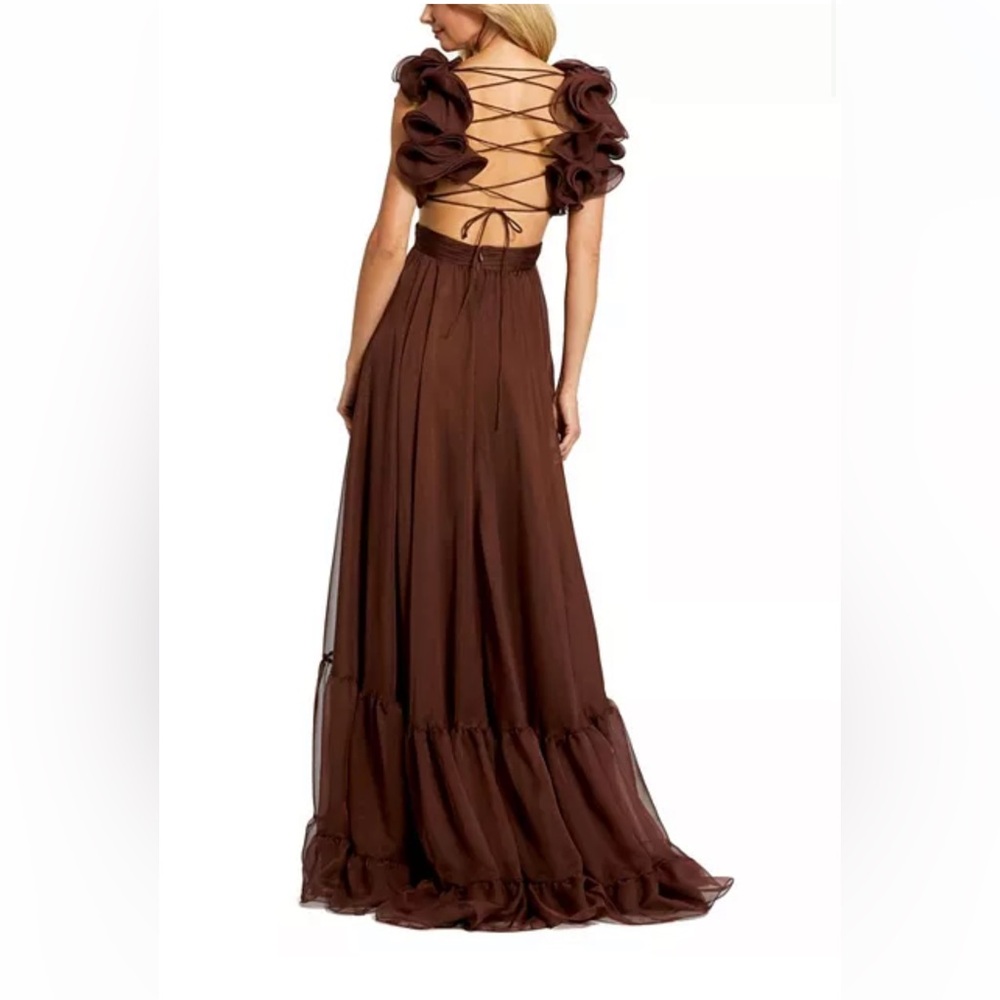 Mac Duggal Ruffle Tiered Cut-Out Chiffon Gown. Chocolate brown. - Picture 2 of 2